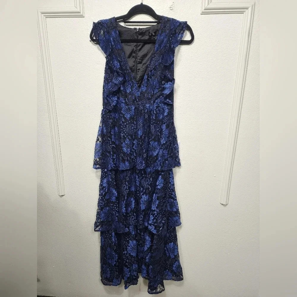 Lulus Molinetto Navy Blue Lace Ruffled Tiered Sleeveless Maxi Dress Party Prom - Picture 6 of 11